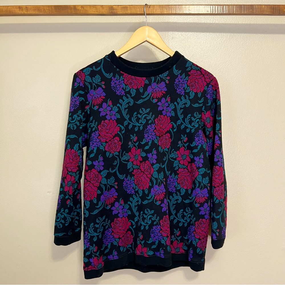 Black Green Purple Floral Vintage Sweater Medium